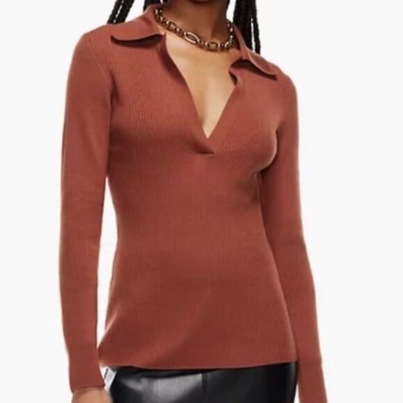 BABATON Aritzia Size M Green McSweeney Ribbed Sweater Open V Neck with Collar - Picture 6 of 9